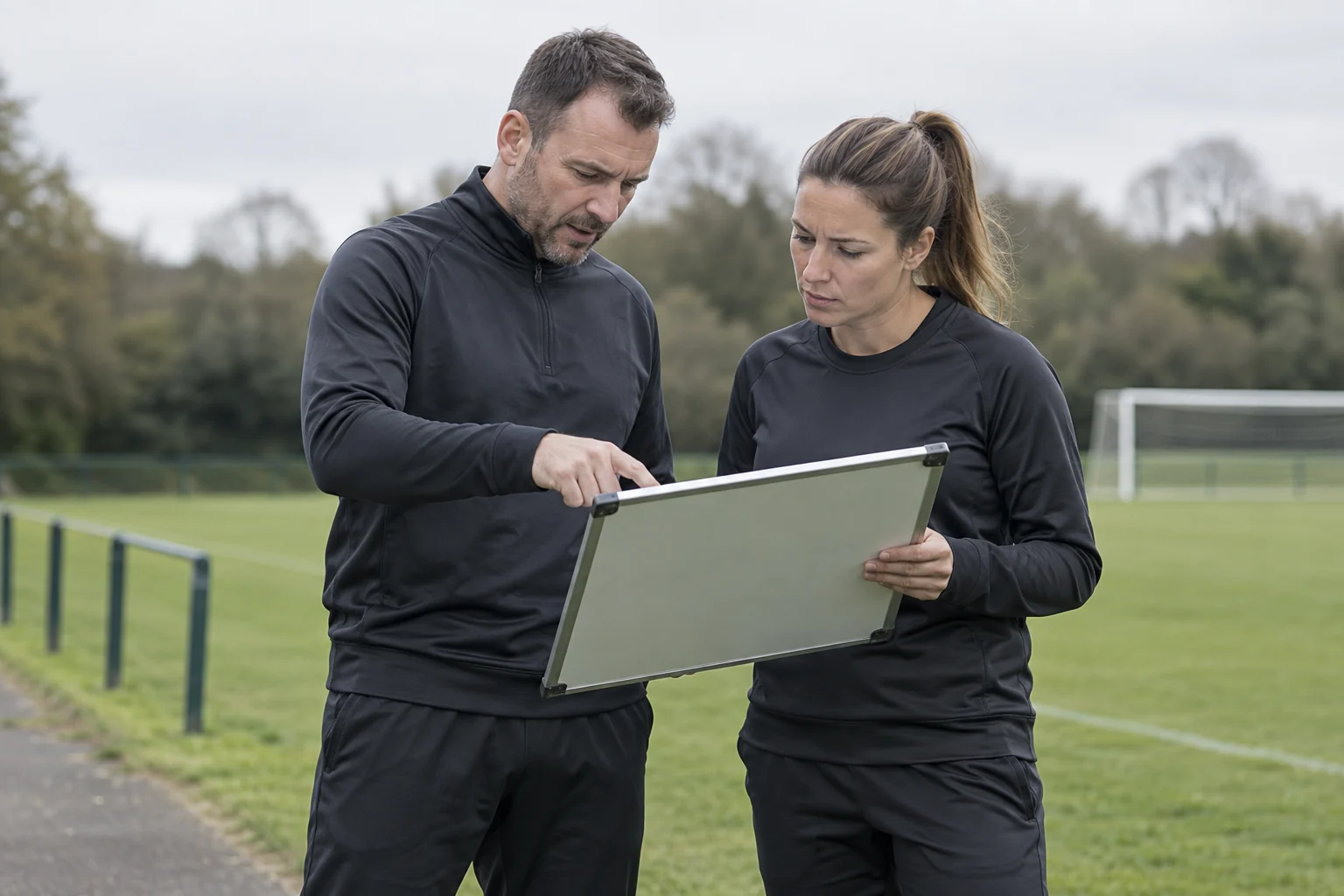 Equipa técnica fictícia junto ao campo, imagem gerada por IA