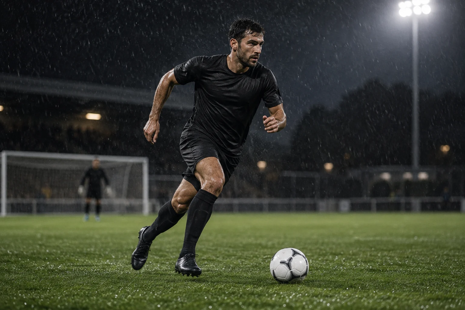 Jogador adulto fictício num treino à chuva, imagem gerada por IA