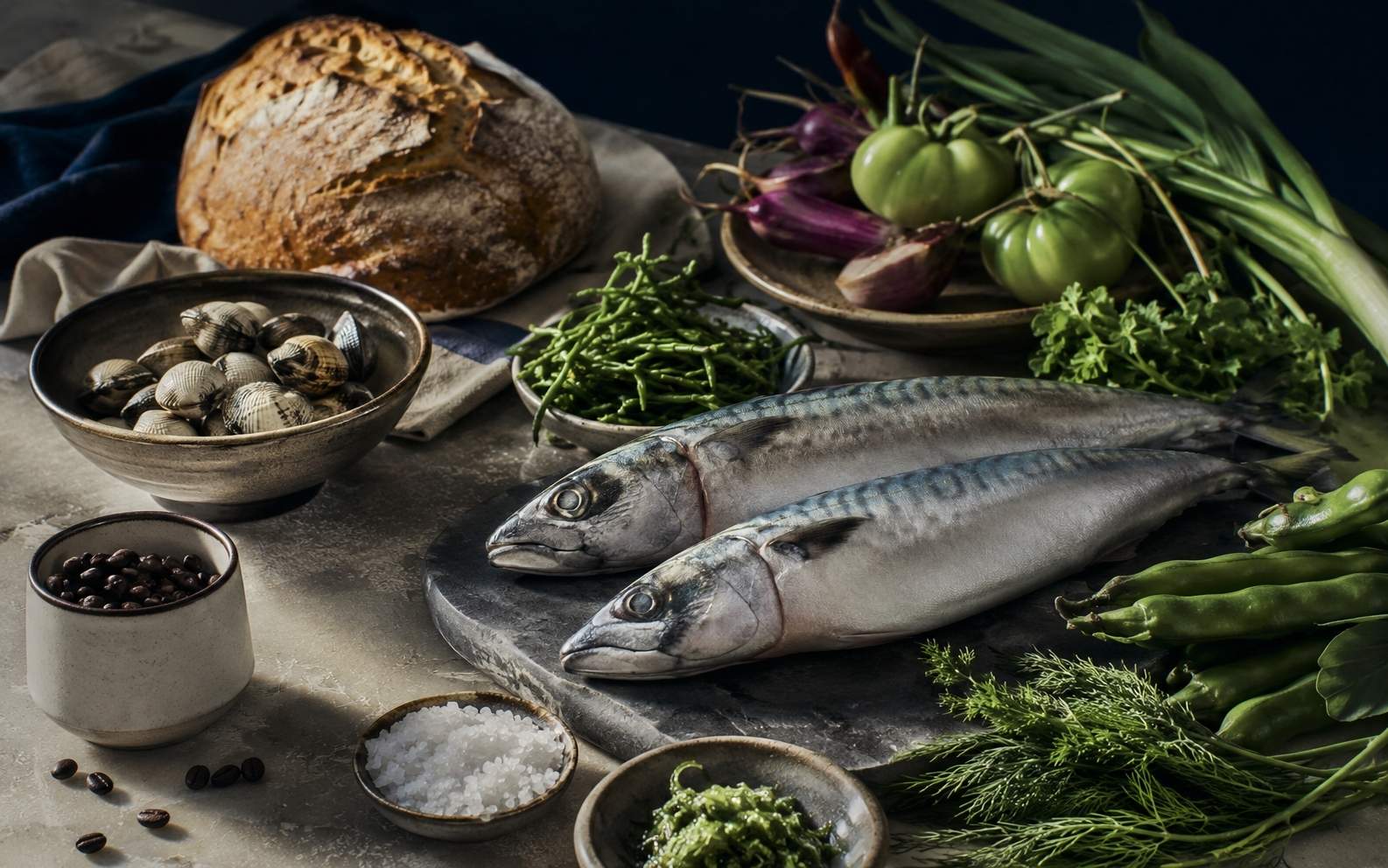 Seleção conceptual de peixe, vegetais e ingredientes sazonais da Maré Nove