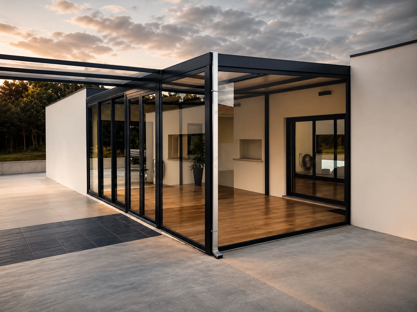 Estrutura contemporânea de metal escuro e vidro integrada numa habitação