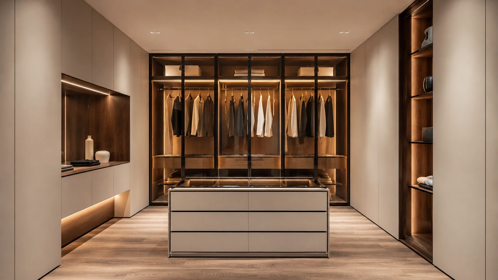 Closet conceptual com iluminação integrada e carpintaria personalizada