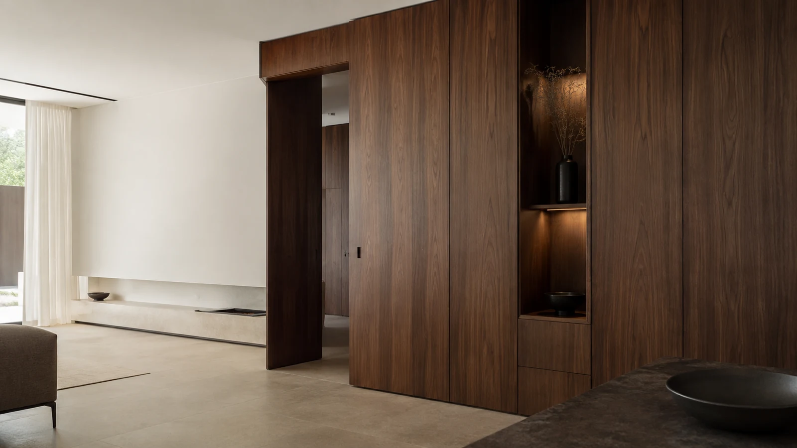 Interior conceptual em madeira escura usado como fundo de transição para a NewEra Digital