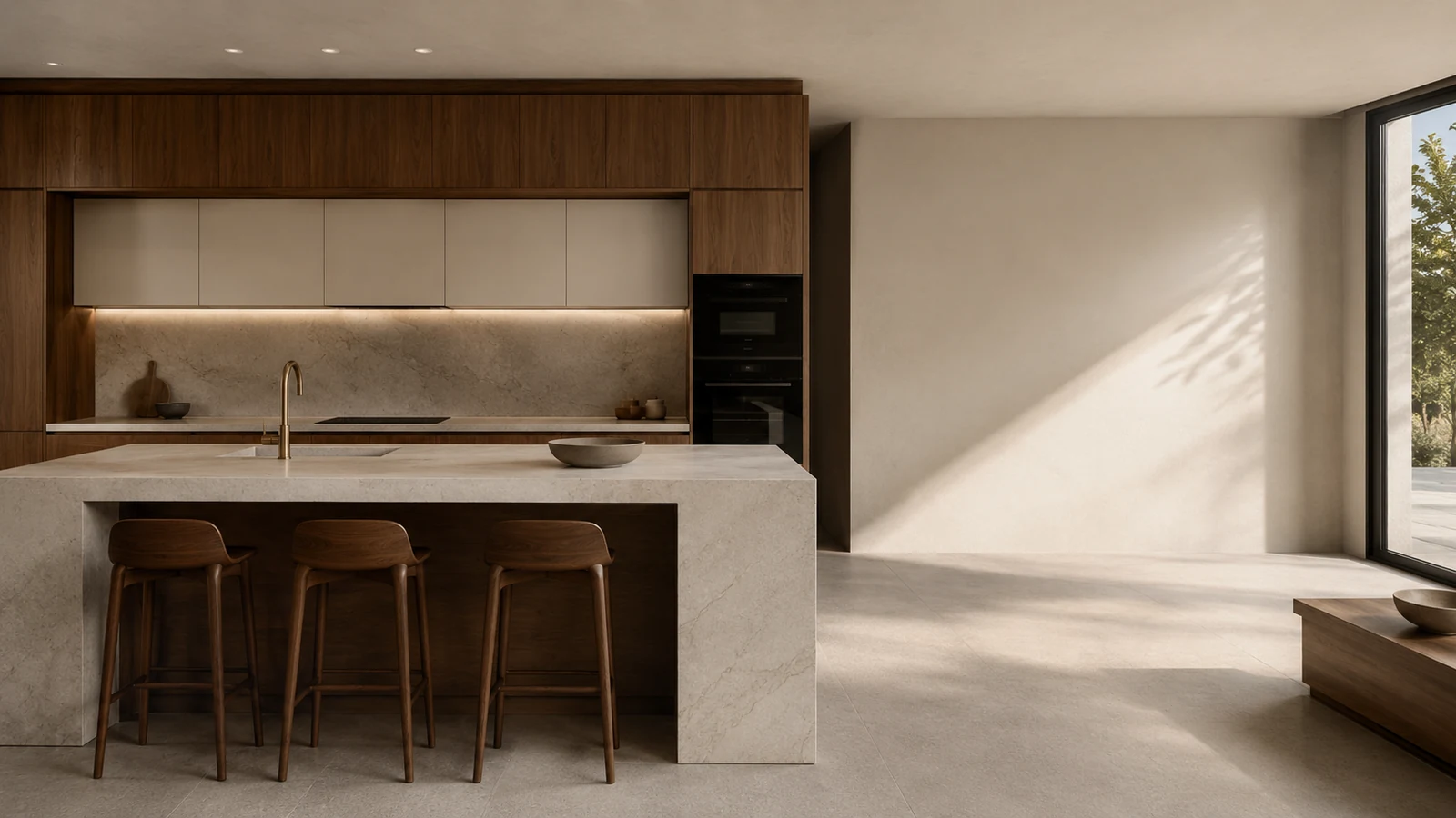 Cozinha contemporânea conceptual em madeira e pedra