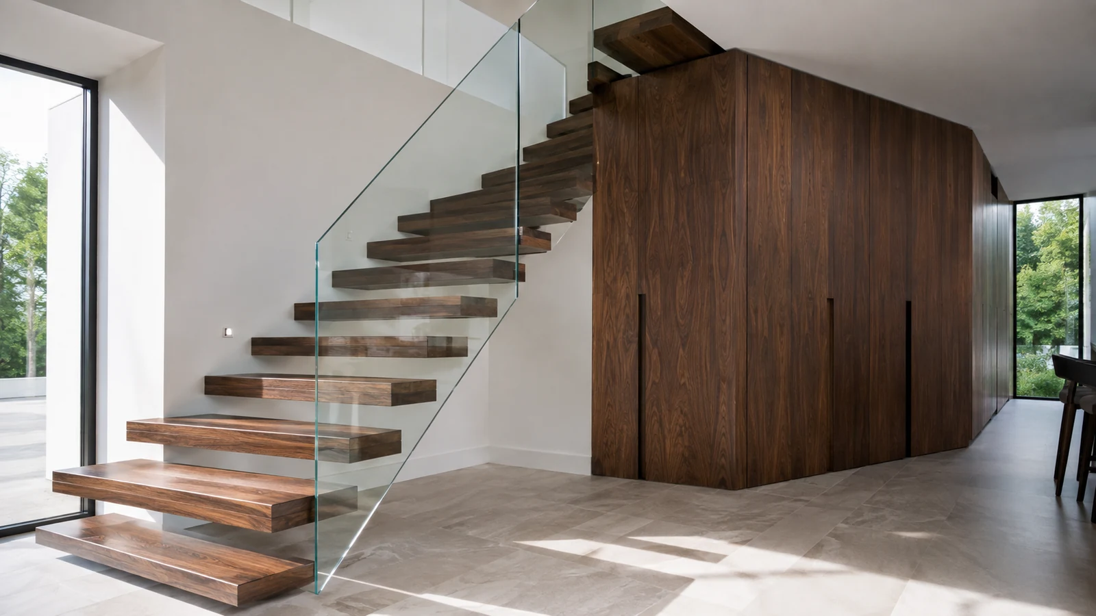 Escada flutuante conceptual em madeira integrada numa arquitetura contemporânea